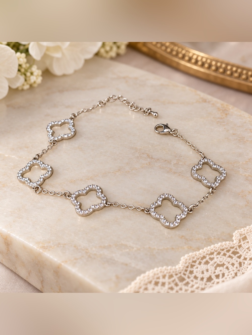 Silver-Tone Crystal Quatrefoil Clover Station Bracelet – Adjustable